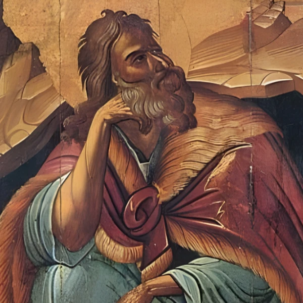Ancient-style painting of a seated bearded man, in a thoughtful pose with hand on chin, wearing layered robes in rich earth tones, over a floral design.