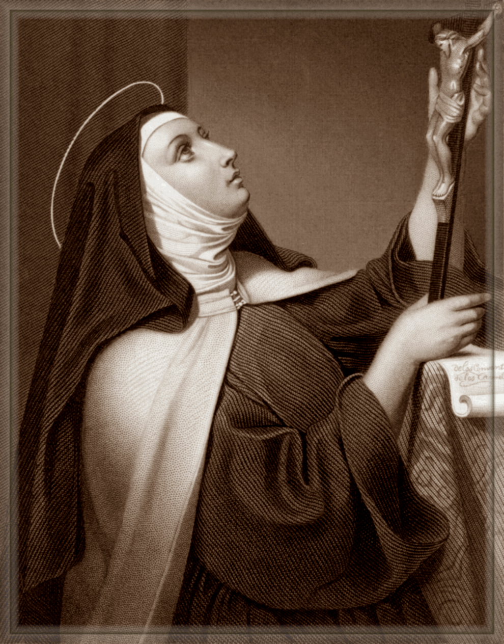 Portrait of a nun in a contemplative pose, wearing a black and white habit, against a dark background. A floral outline decorates the side.