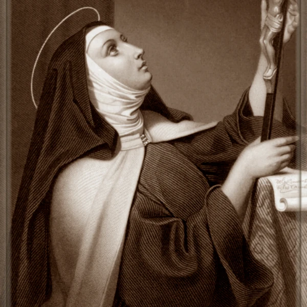 A sepia-toned illustration of a nun in a habit, gazing upwards while holding a staff. Flowers are sketched in the corner, adding elegance. The mood is serene and contemplative.