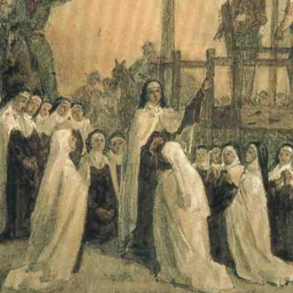 A group of nuns in white habits gather around a central figure holding a cross, set against a wooden gallows. The scene exudes solemnity and reverence.